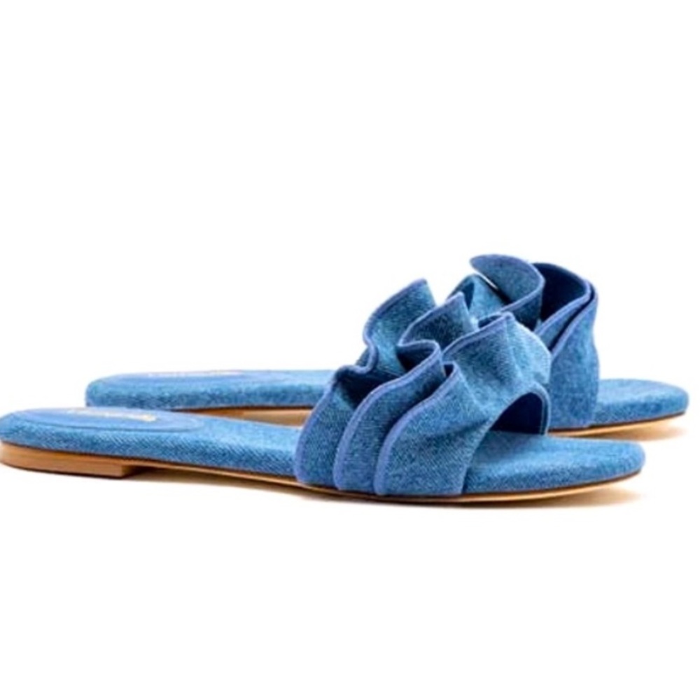 LARROUDÉ Ivy Ruffle Flat Mule In blue - Picture 3 of 9